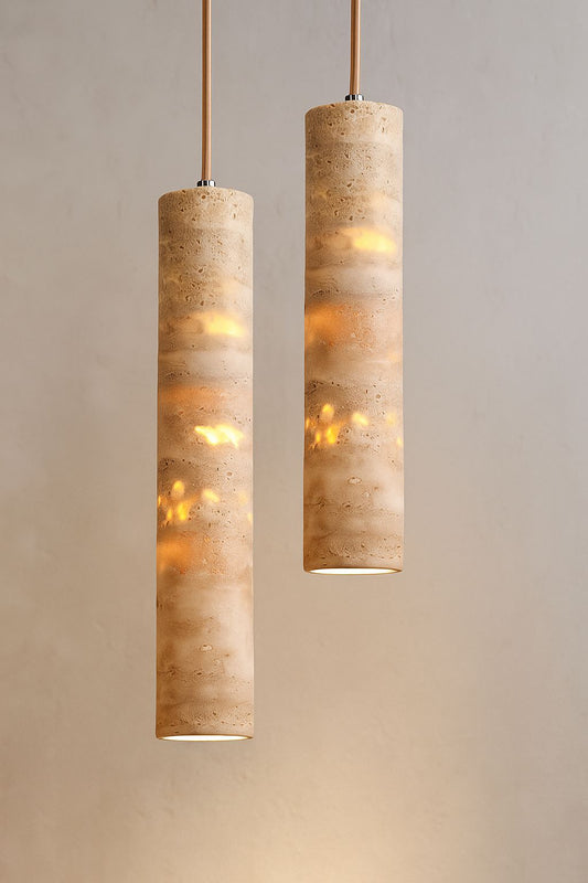 Suspension travertin cylindre pierre naturelle veines dorées wabi-sabi G9 LED – Atelier Fancy Light