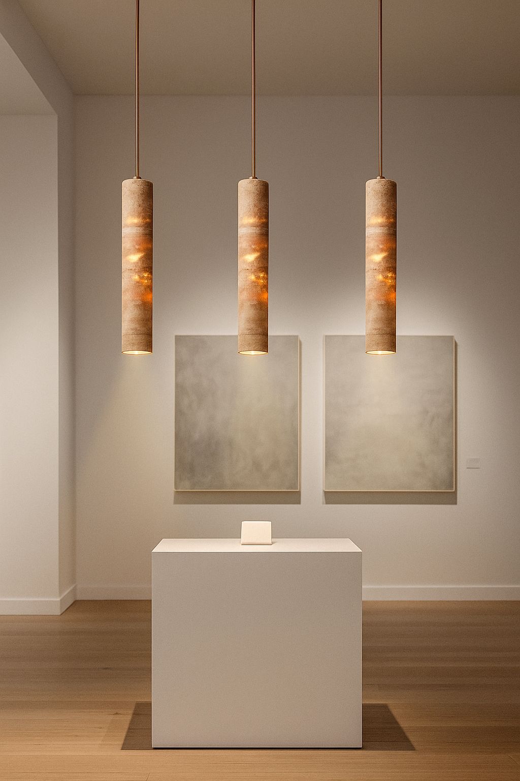 Suspension travertin cylindre trio galerie art contemporain wabi-sabi lumière dorée – Atelier Fancy Light