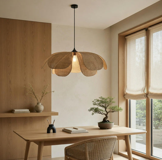 Suspension pétales rotin naturel bureau Japandi bonsaï lumière tamisée E27 – Atelier Fancy Light