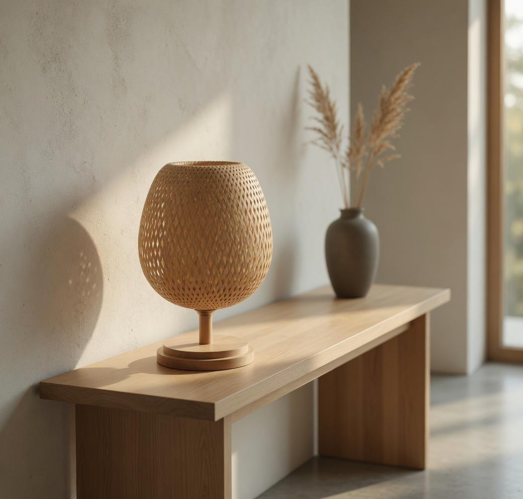 Woven bamboo table lamp console murale japandi pampa vase gris lumière naturelle – Atelier Fancy Light