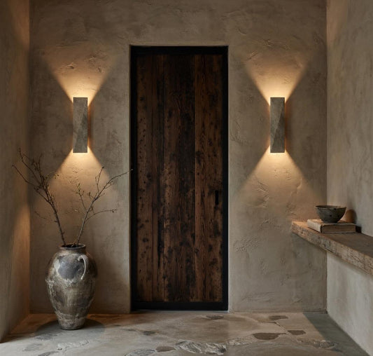 Paire appliques travertin rectangle double halo encadrant porte intérieur Wabi-Sabi – Atelier Fancy Light
