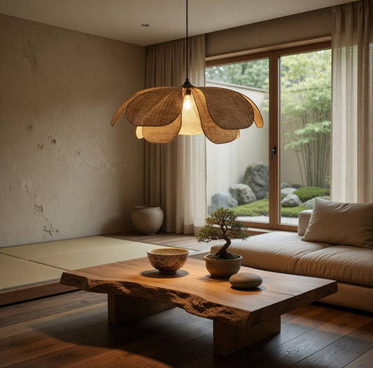 Suspension Japandi en rotin suspendue au-dessus d’une table basse dans un salon épuré – exemple de taille et hauteur idéale