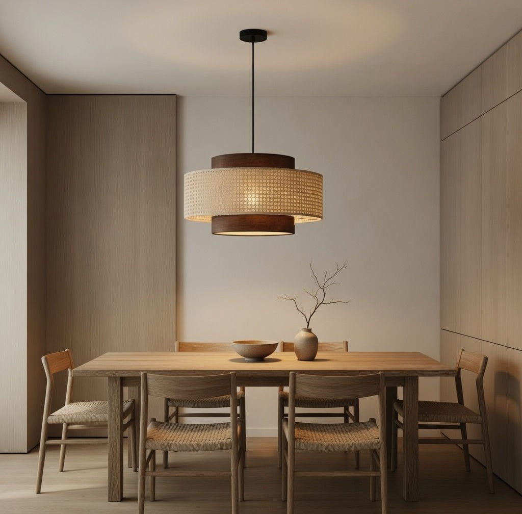 Salle à manger Japandi avec suspension rotin de taille idéale diffusant une lumière douce et chaleureuse au-dessus de la table
