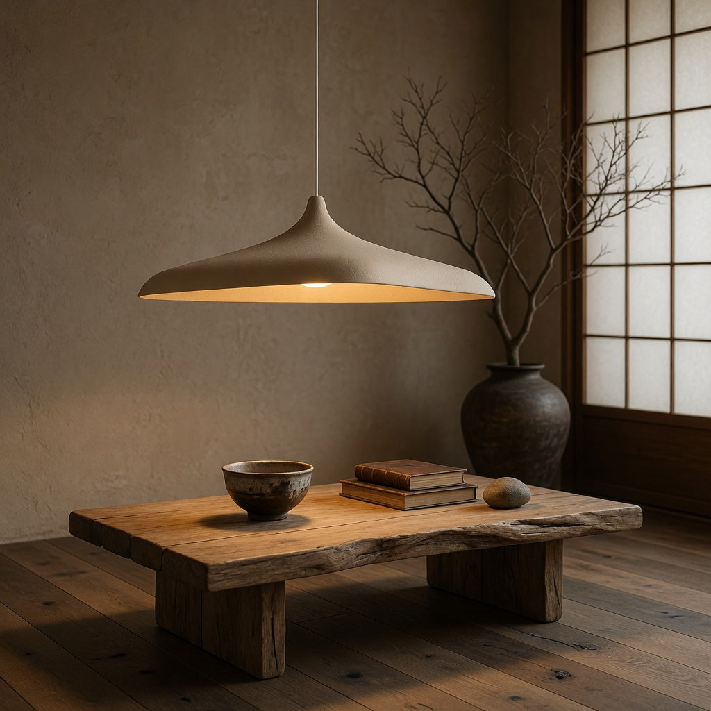 Suspension Japandi beige en forme de dôme diffusant une lumière chaude et enveloppante au-dessus d'une table basse en bois massif dans un salon minimaliste et serein
