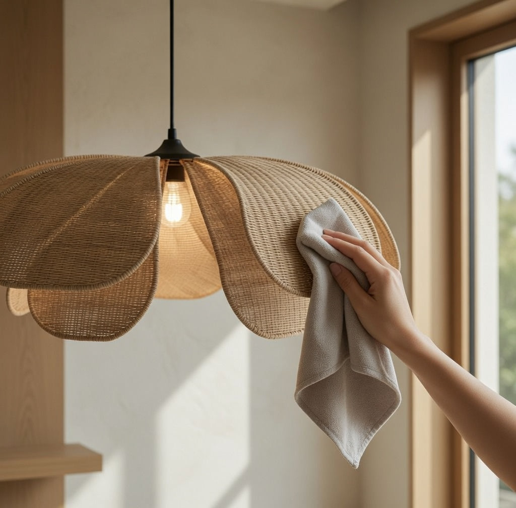 Entretien doux d'une suspension en rotin et bambou avec un chiffon microfibre – luminaires matières naturelles Atelier Fancy Light