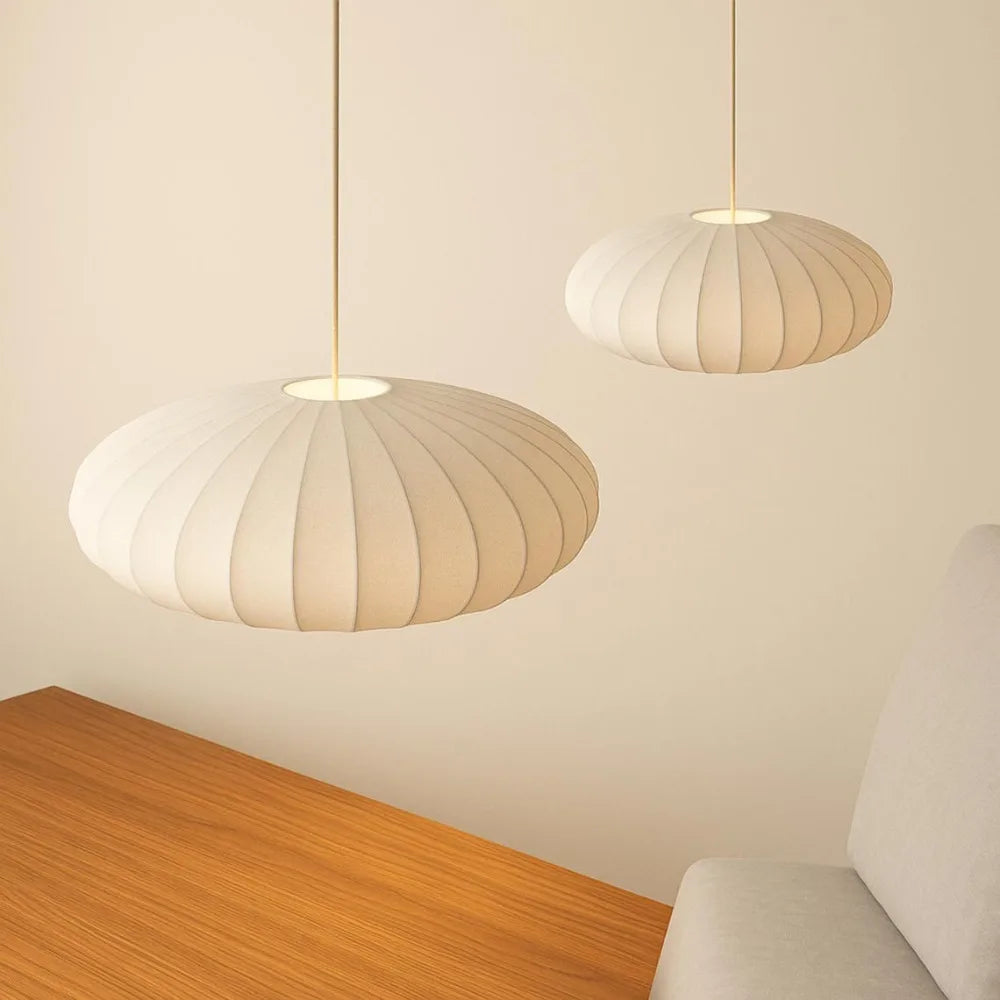 Silk pendant lights duo Wabi-Sabi ribbed shade neutral Japandi interior lighting – Atelier Fancy Light