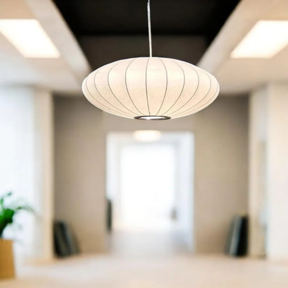 Oval ribbed silk pendant light entryway minimalist Wabi-Sabi ceiling fixture – Atelier Fancy Light