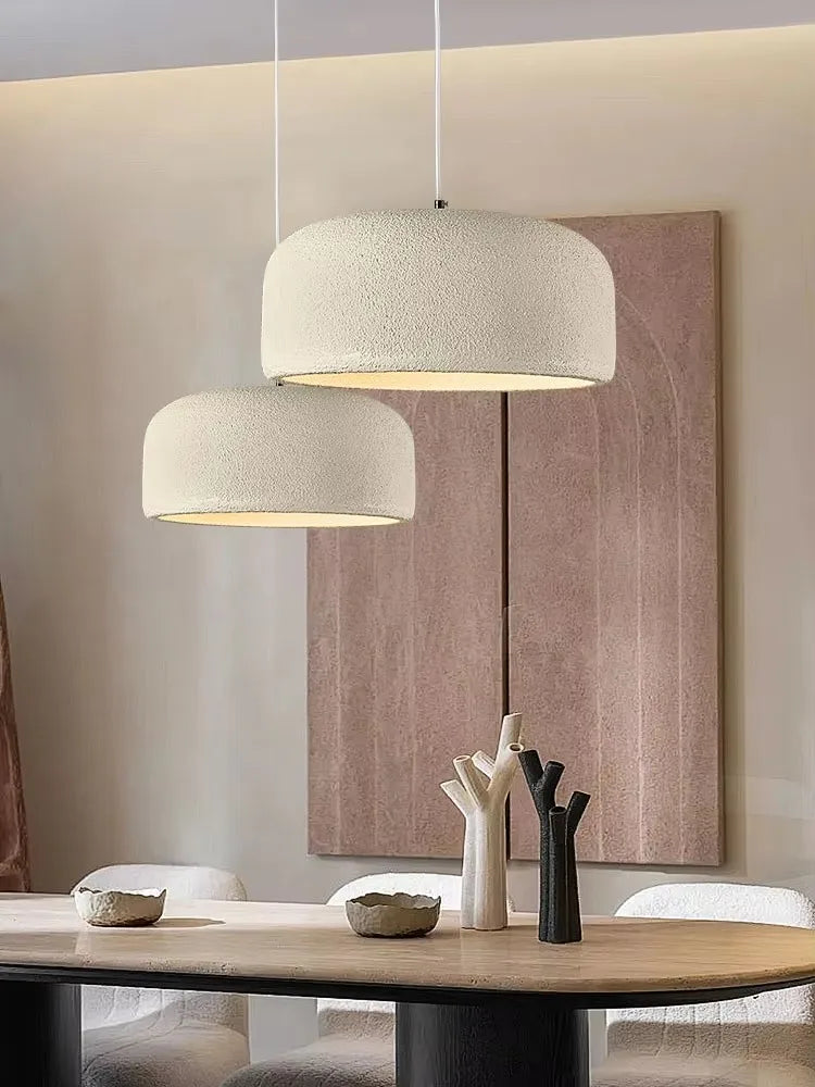 Suspension tambour stuc blanc duo table ovale salle à manger design wabi-sabi premium – Atelier Fancy Light