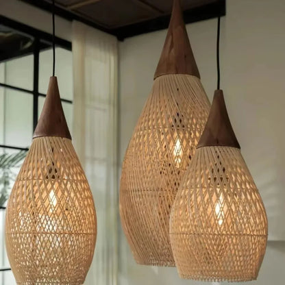 Rattan pendant light trio kitchen bar japandi wabi-sabi wood counter warm light – Atelier Fancy Light