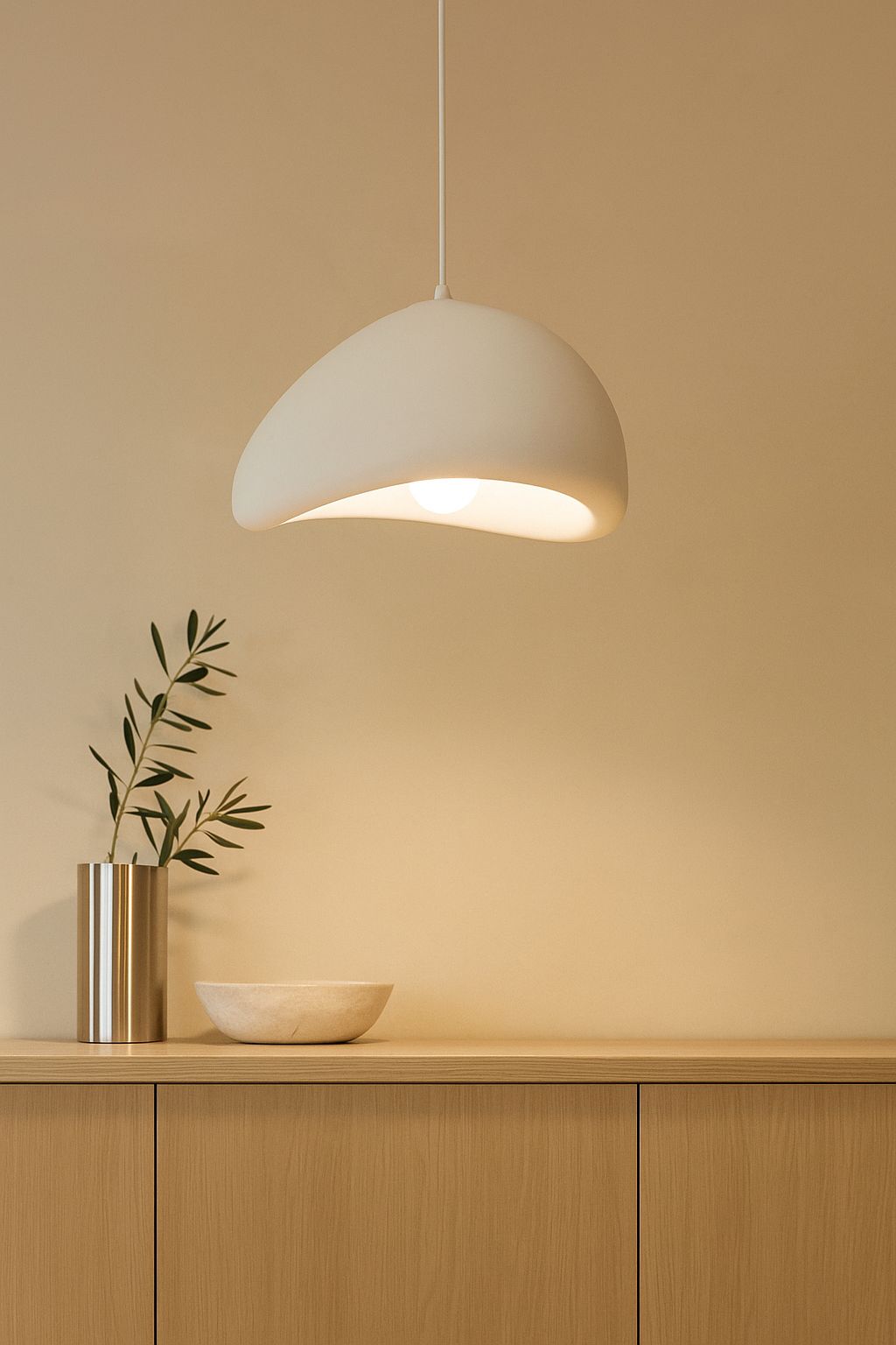 Suspension dôme blanc cassé allumée console bois japandi – Atelier Fancy Light