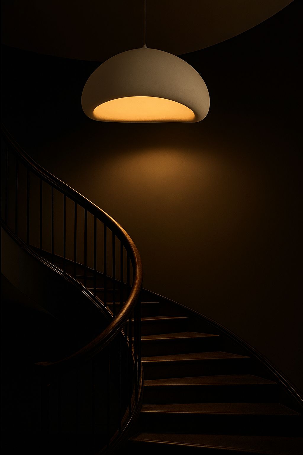 Suspension dôme halo doré cage escalier ambiance feutrée – Atelier Fancy Light