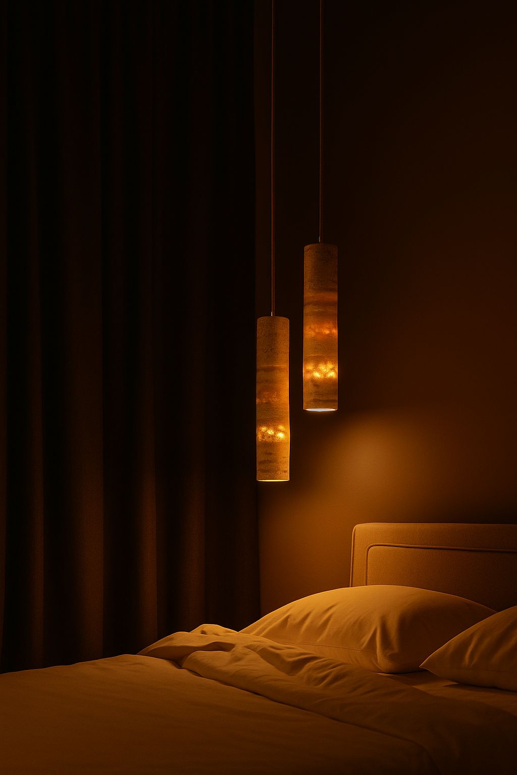 Suspension travertin cylindre chambre ambiance soir lumière orangée dramatique wabi-sabi – Atelier Fancy Light