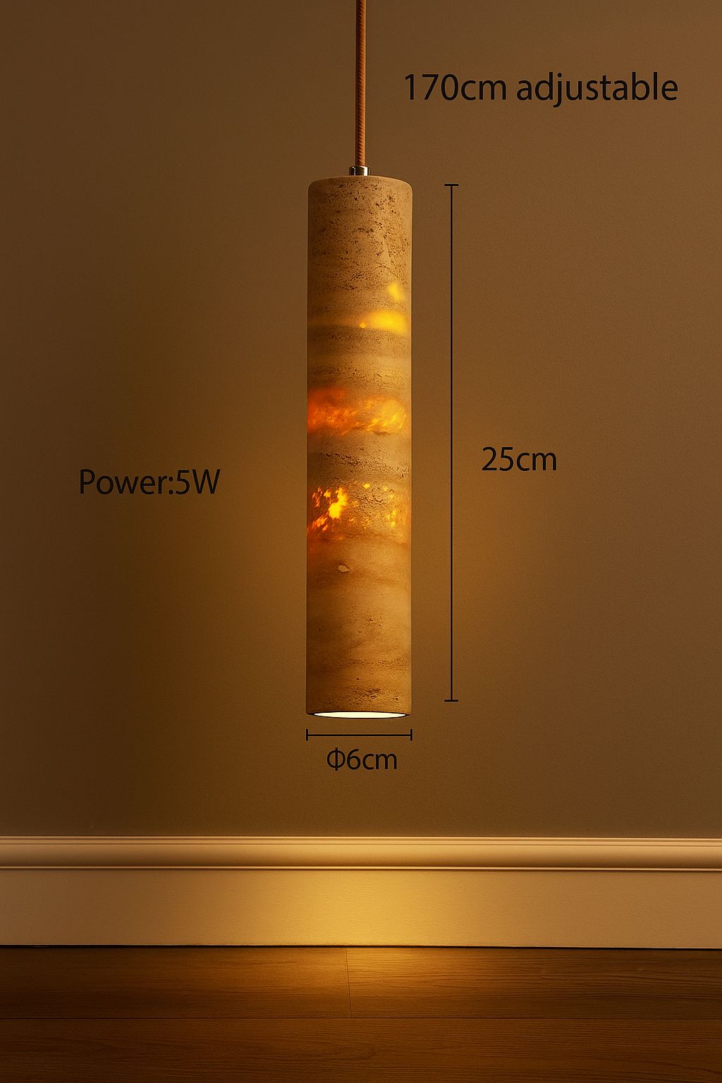 Suspension travertin cylindre H25cm Ø6cm câble 170cm ajustable 5W G9 CE – Atelier Fancy Light