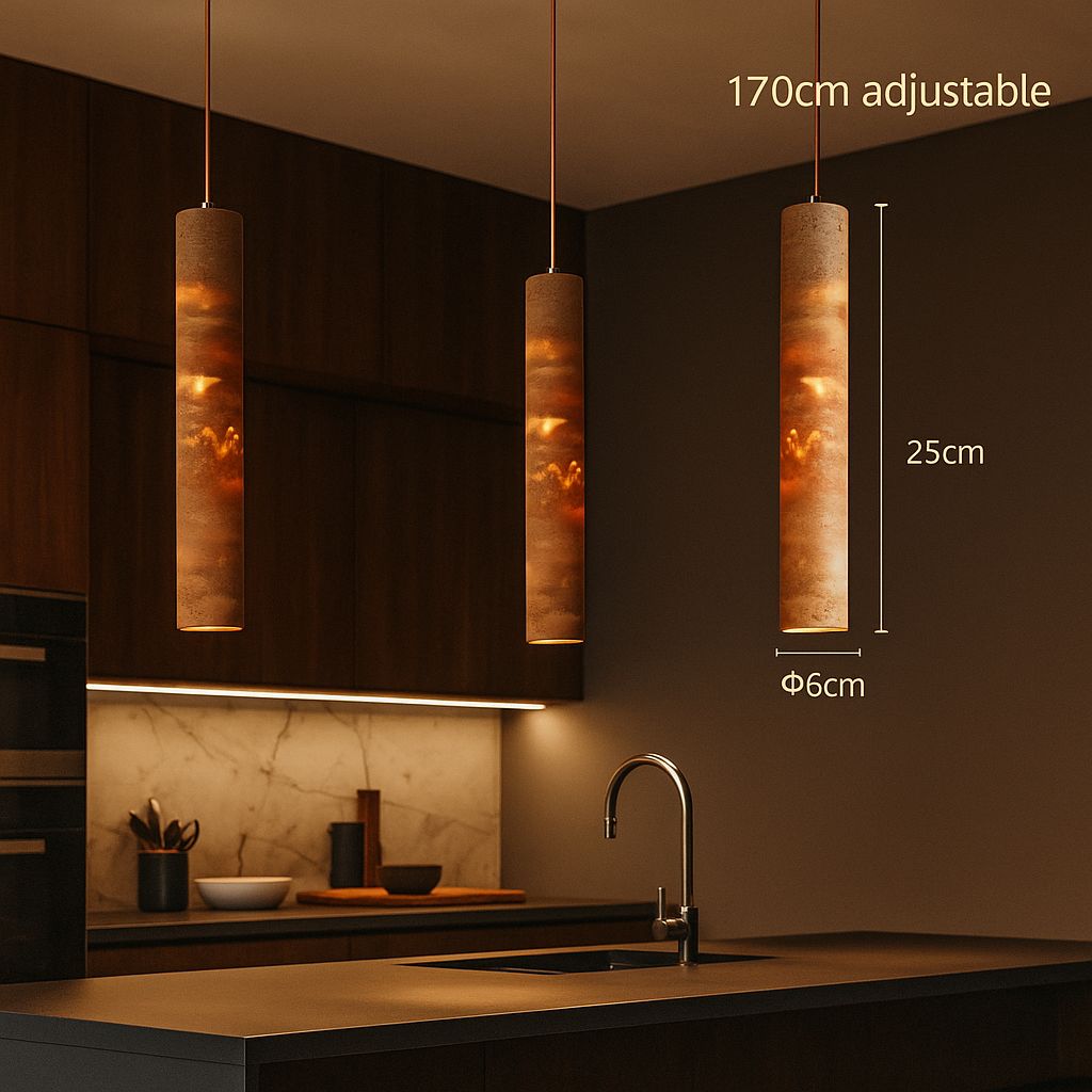 Suspension travertin trio cuisine premium comptoir sombre wabi-sabi Ø6cm H25cm – Atelier Fancy Light