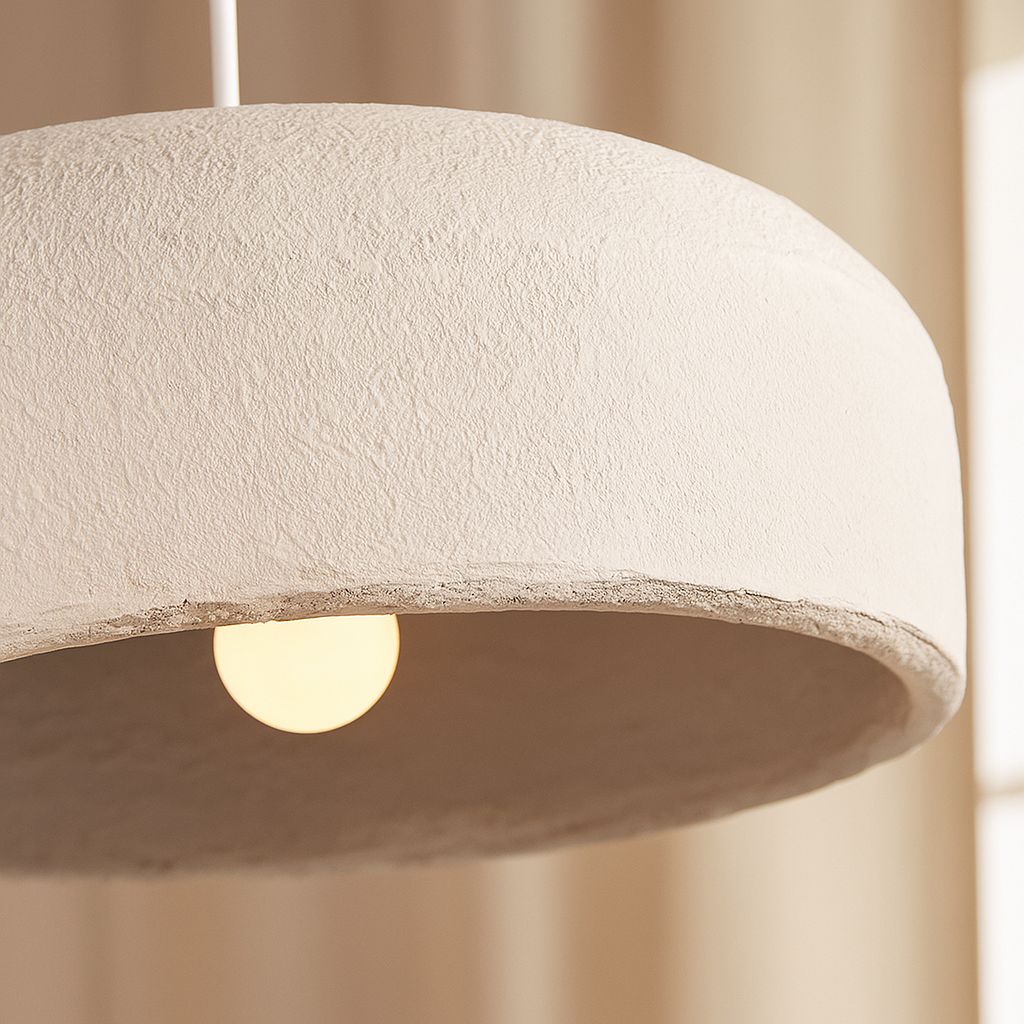 Suspension tambour stuc texturé détail surface granuleuse wabi-sabi lumière chaude E27 – Atelier Fancy Light