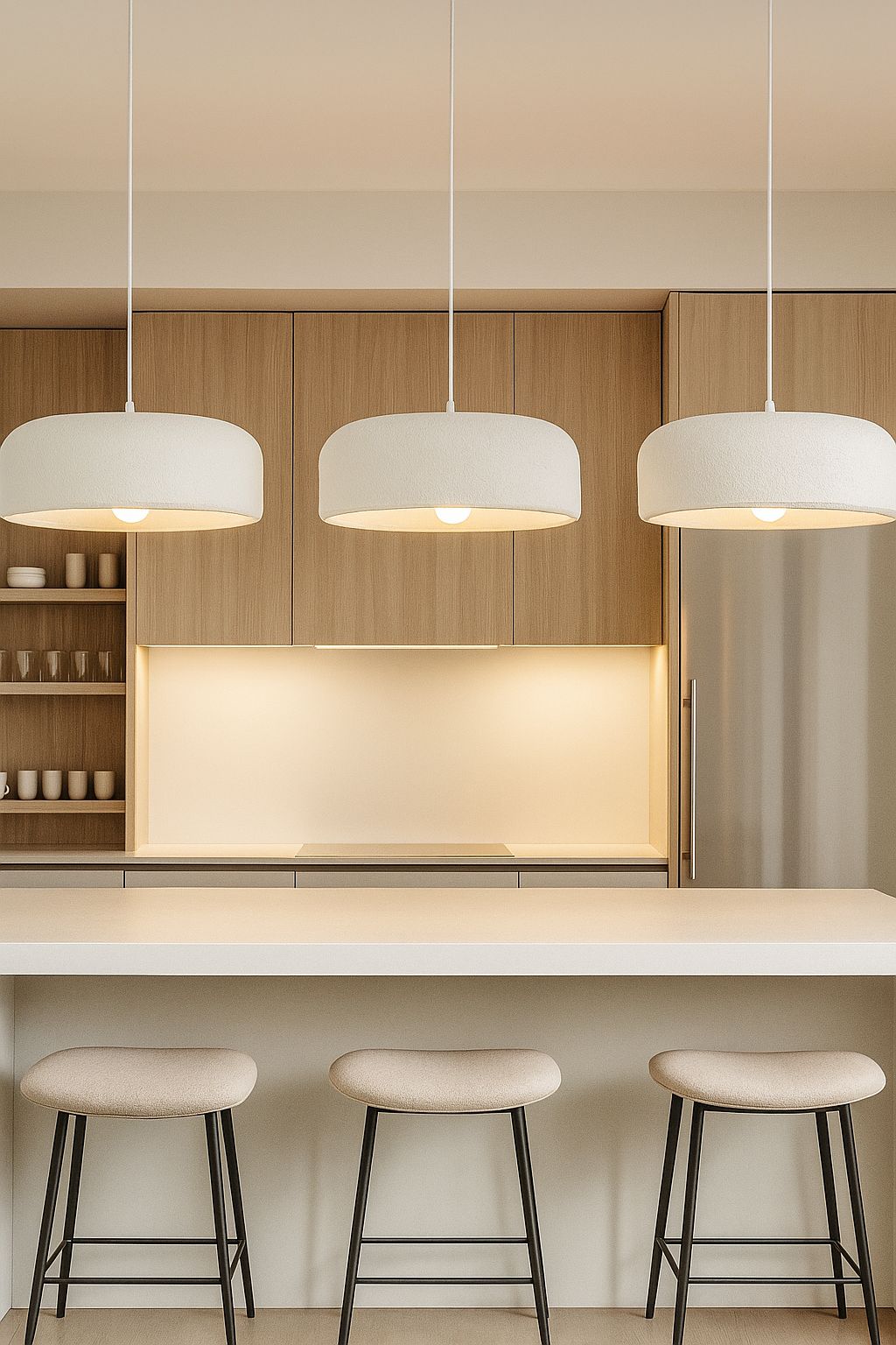 Suspension tambour stuc blanc trio îlot cuisine contemporain wabi-sabi lumière douce – Atelier Fancy Light