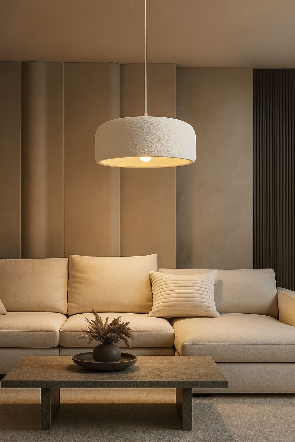 Suspension tambour stuc texturé salon wabi-sabi lumière dorée chaude E27 – Atelier Fancy Light
