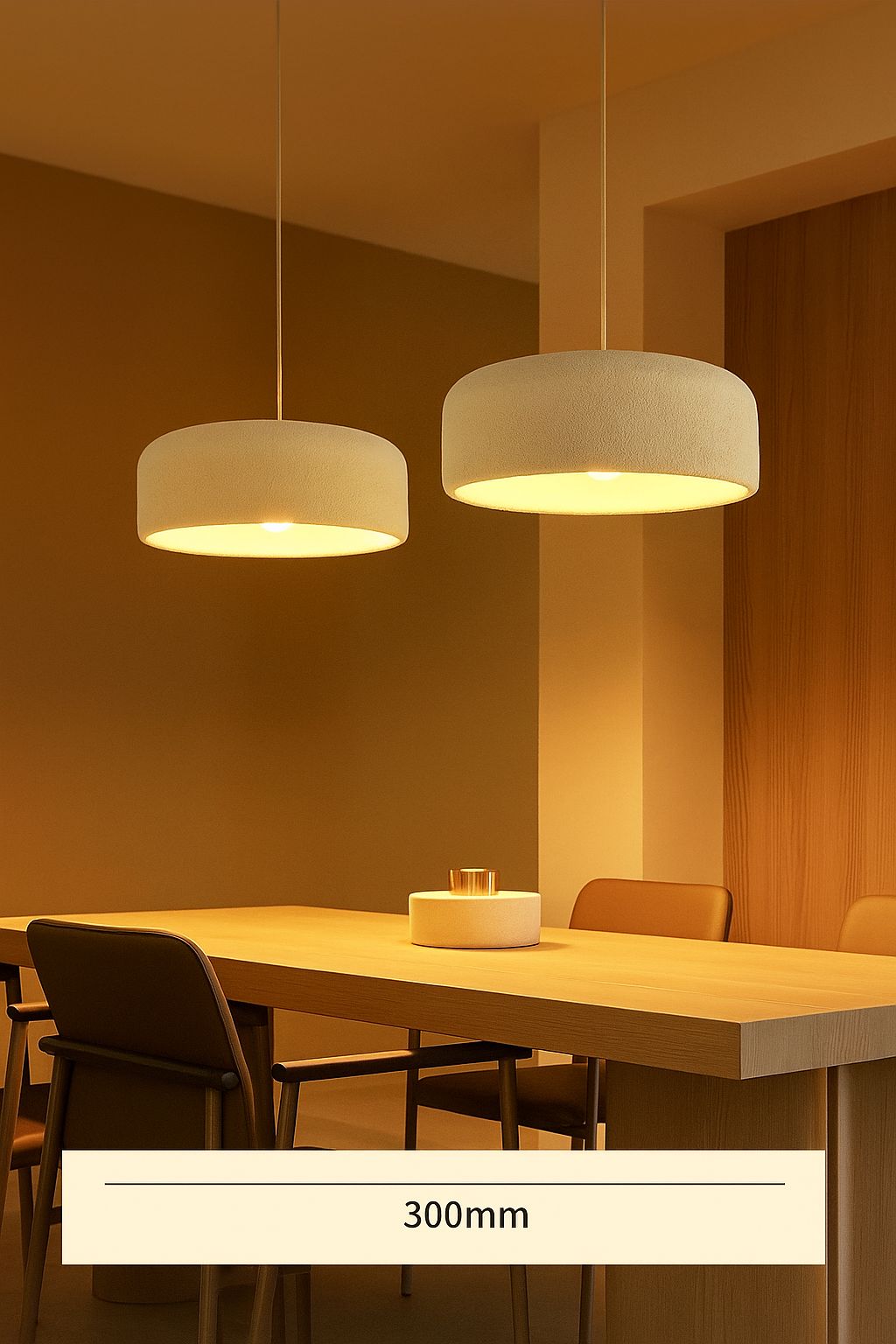 Suspension tambour stuc double salle à manger bois foncé lumière ambrée wabi-sabi – Atelier Fancy Light
