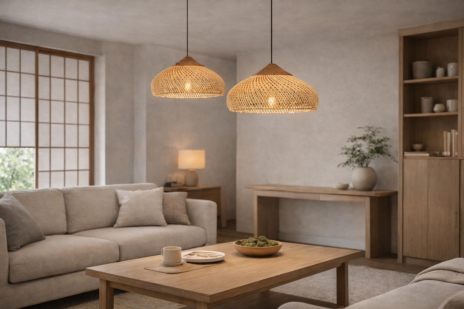 Suspensions osier tressé paire salon Japandi dôme plat lumière chaleureuse – Atelier Fancy Light