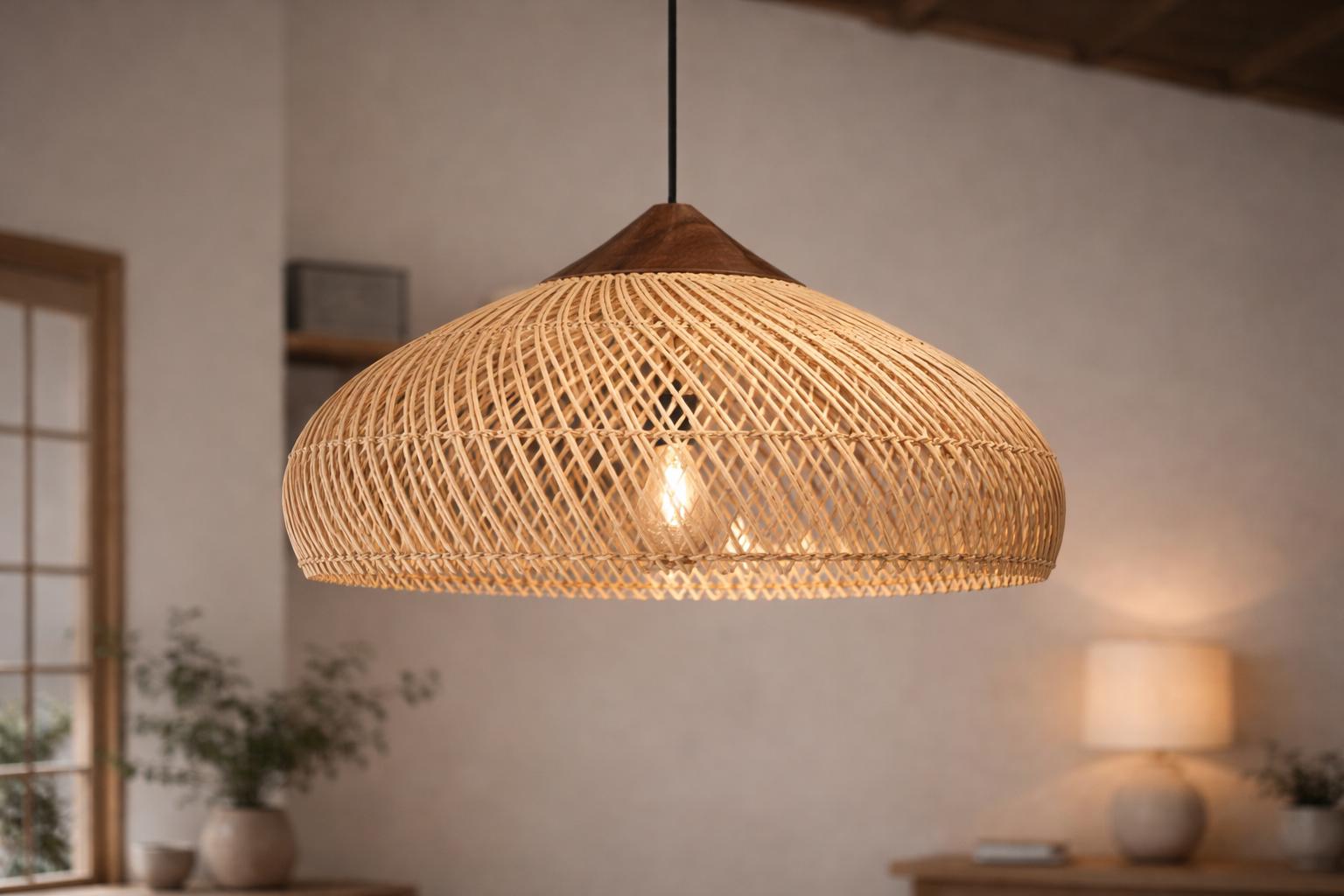 Suspension osier naturel tressé main détail trame ajourée Japandi ambiance dorée – Atelier Fancy Light