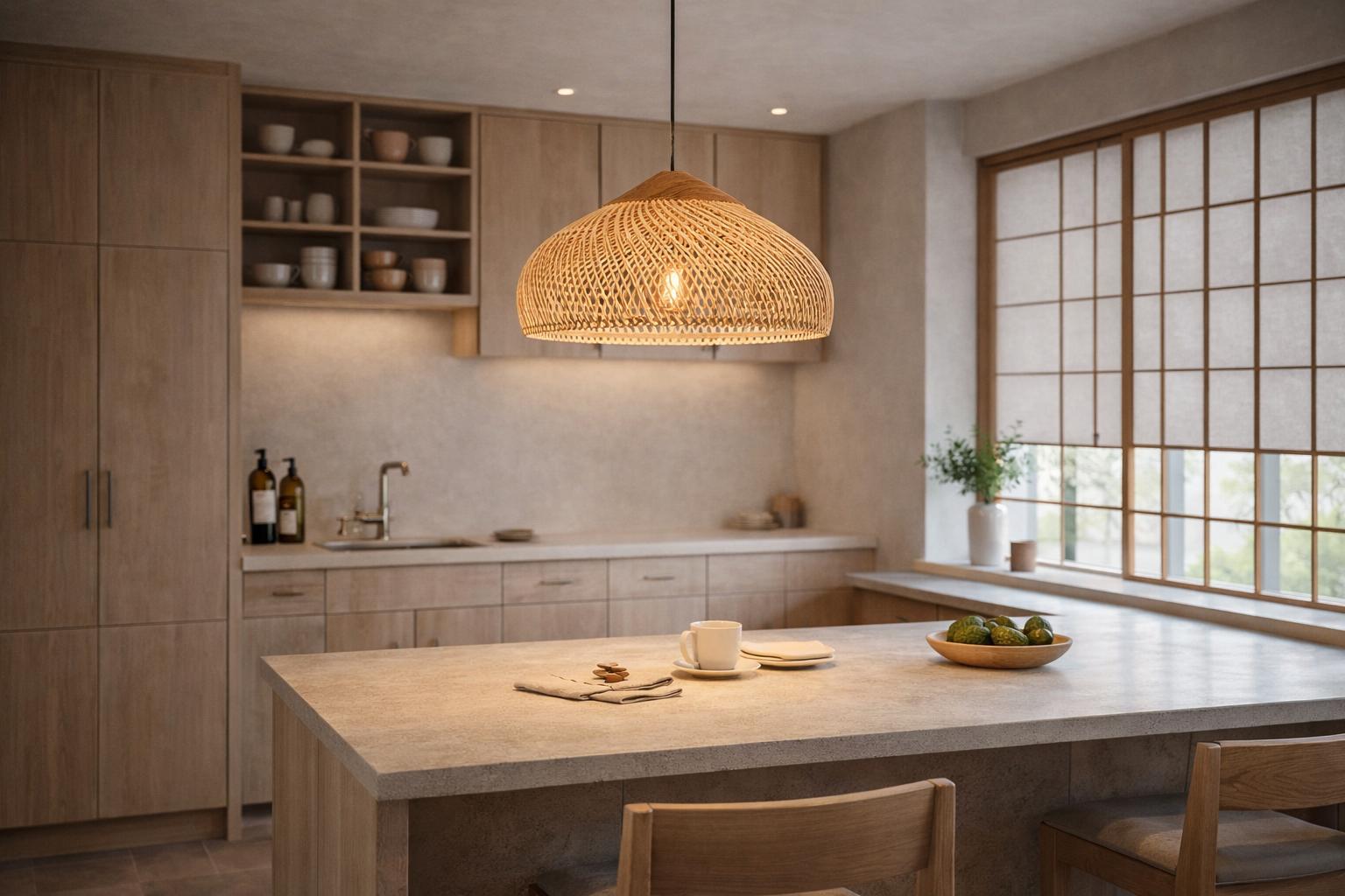Suspension osier tressé dôme plat Japandi cuisine îlot lumière dorée artisanale – Atelier Fancy Light