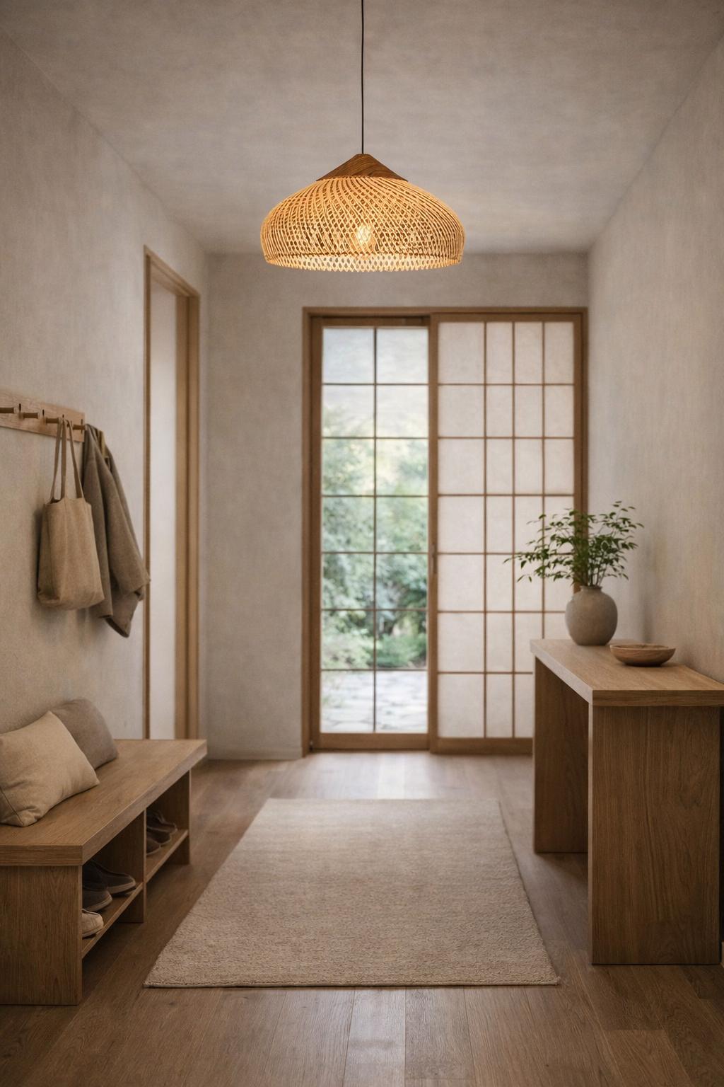 Suspension osier entrée Japandi dôme plat lumière apaisante hall couloir – Atelier Fancy Light