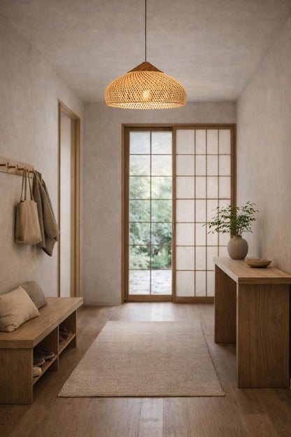 Suspension osier entrée Japandi dôme plat lumière apaisante hall couloir – Atelier Fancy Light