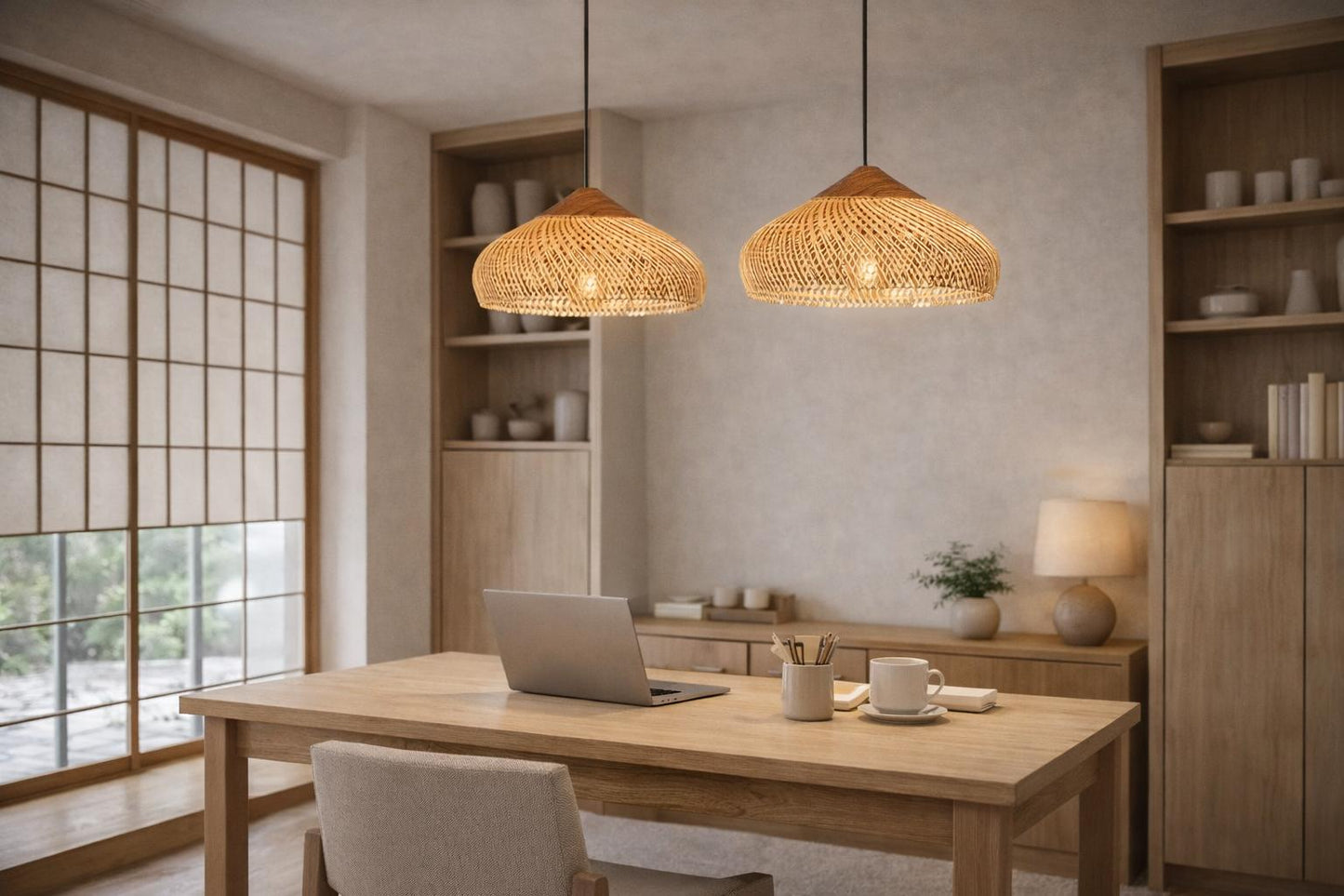 Suspensions osier paire bureau Japandi dôme plat éclairage éditorial home office – Atelier Fancy Light