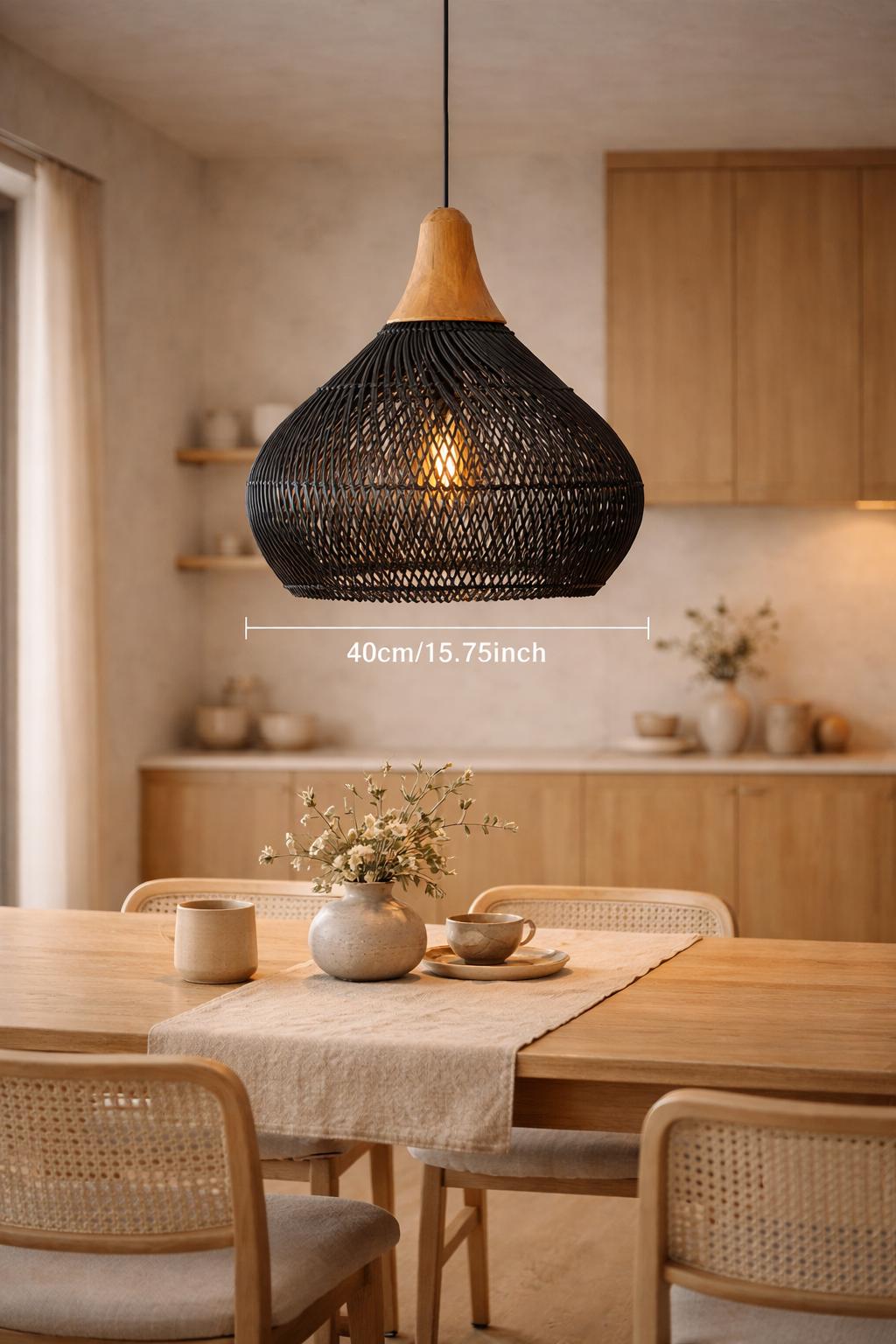 Bamboo pendant light dome noir graphique salle à manger Ø40cm japandi E27 – Atelier Fancy Light