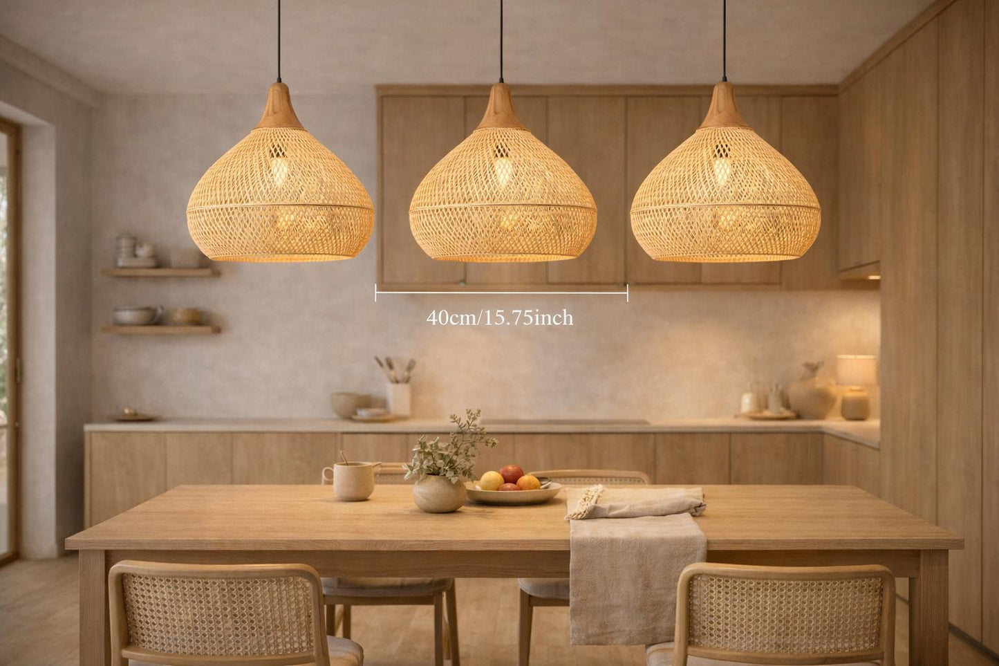 Suspension bambou trio cuisine japandi 3 tailles Ø40cm lumière ambrée naturelle – Atelier Fancy Light