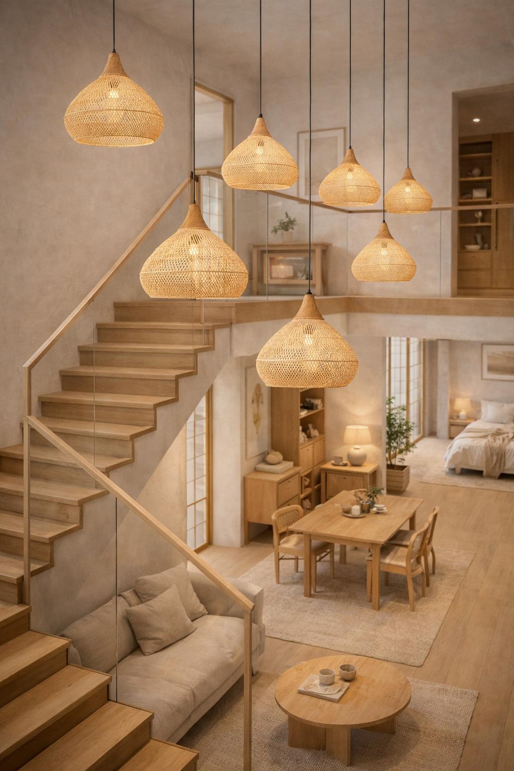 Bamboo pendant light multiple loft duplex escalier bois japandi lumière premium – Atelier Fancy Light