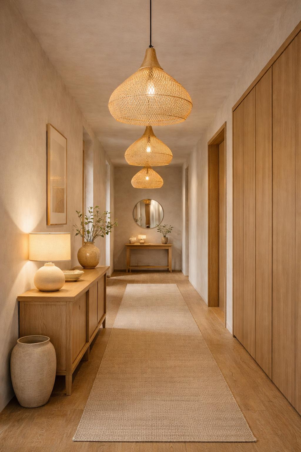 Suspension bambou dome trio couloir japandi ambiance soir lumière dorée E27 – Atelier Fancy Light