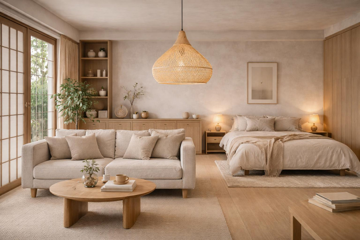 Bamboo pendant light dome chambre suite salon japandi espace ouvert bois naturel – Atelier Fancy Light
