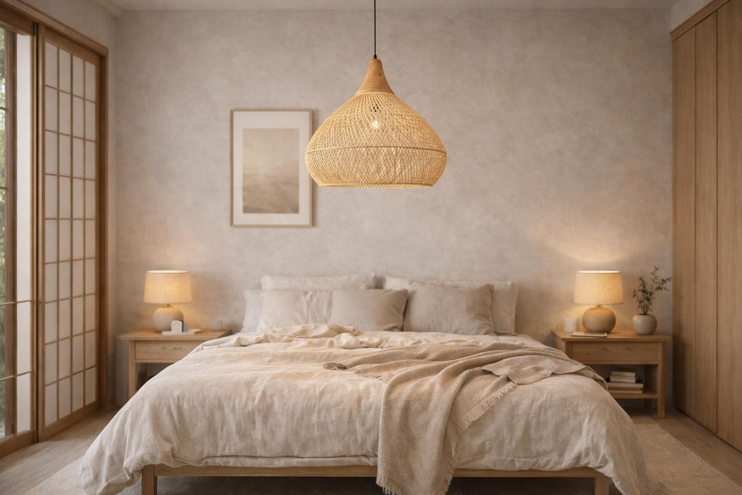 Suspension bambou dome chambre japandi shoji lit bois lumière douce 2700K E27 – Atelier Fancy Light