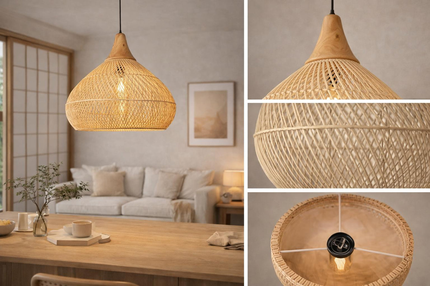 Suspension bambou artisanal détail tressage culot E27 intérieur finition bois massif – Atelier Fancy Light
