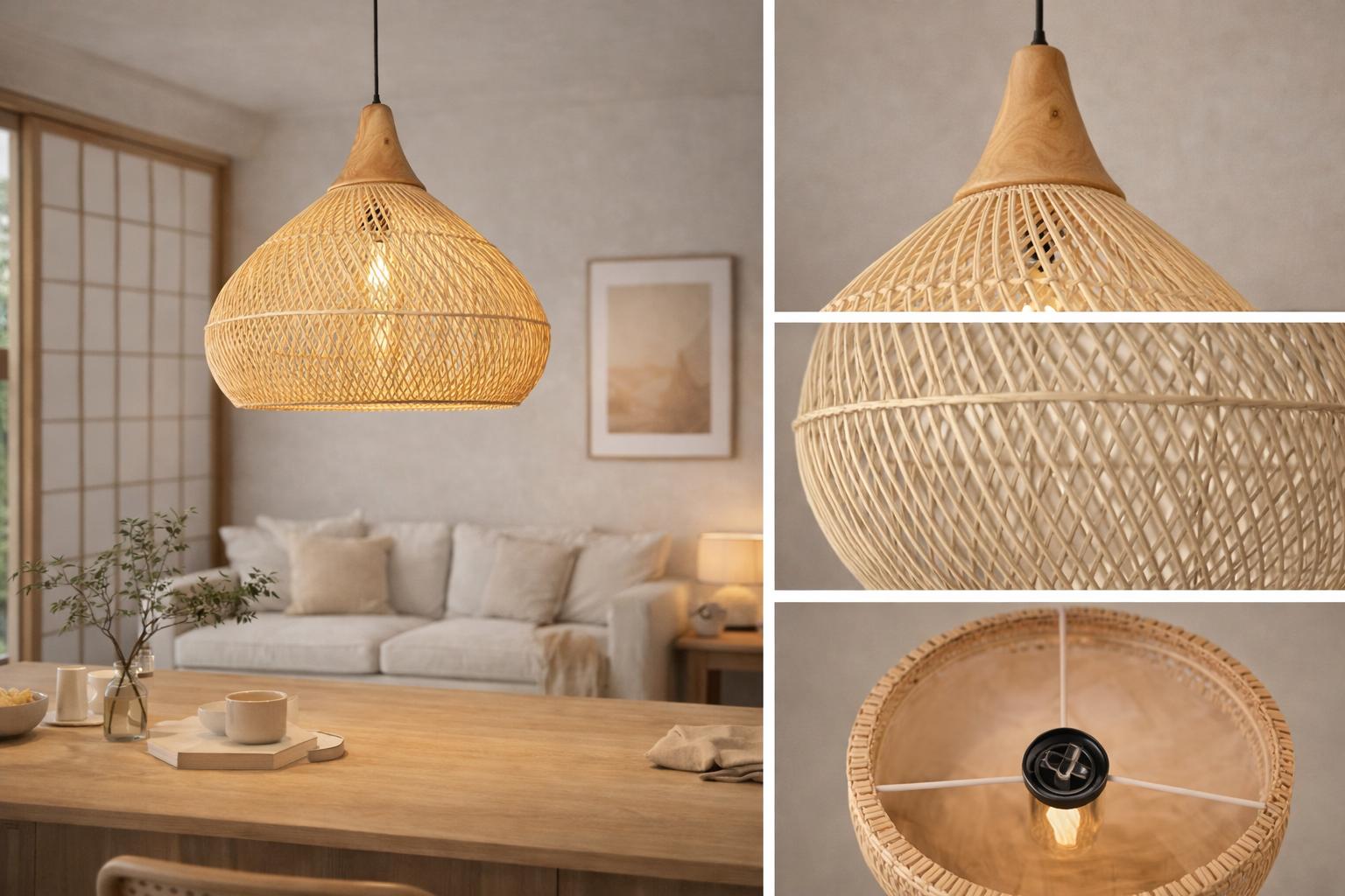 Suspension bambou artisanal détail tressage culot E27 intérieur finition bois massif – Atelier Fancy Light
