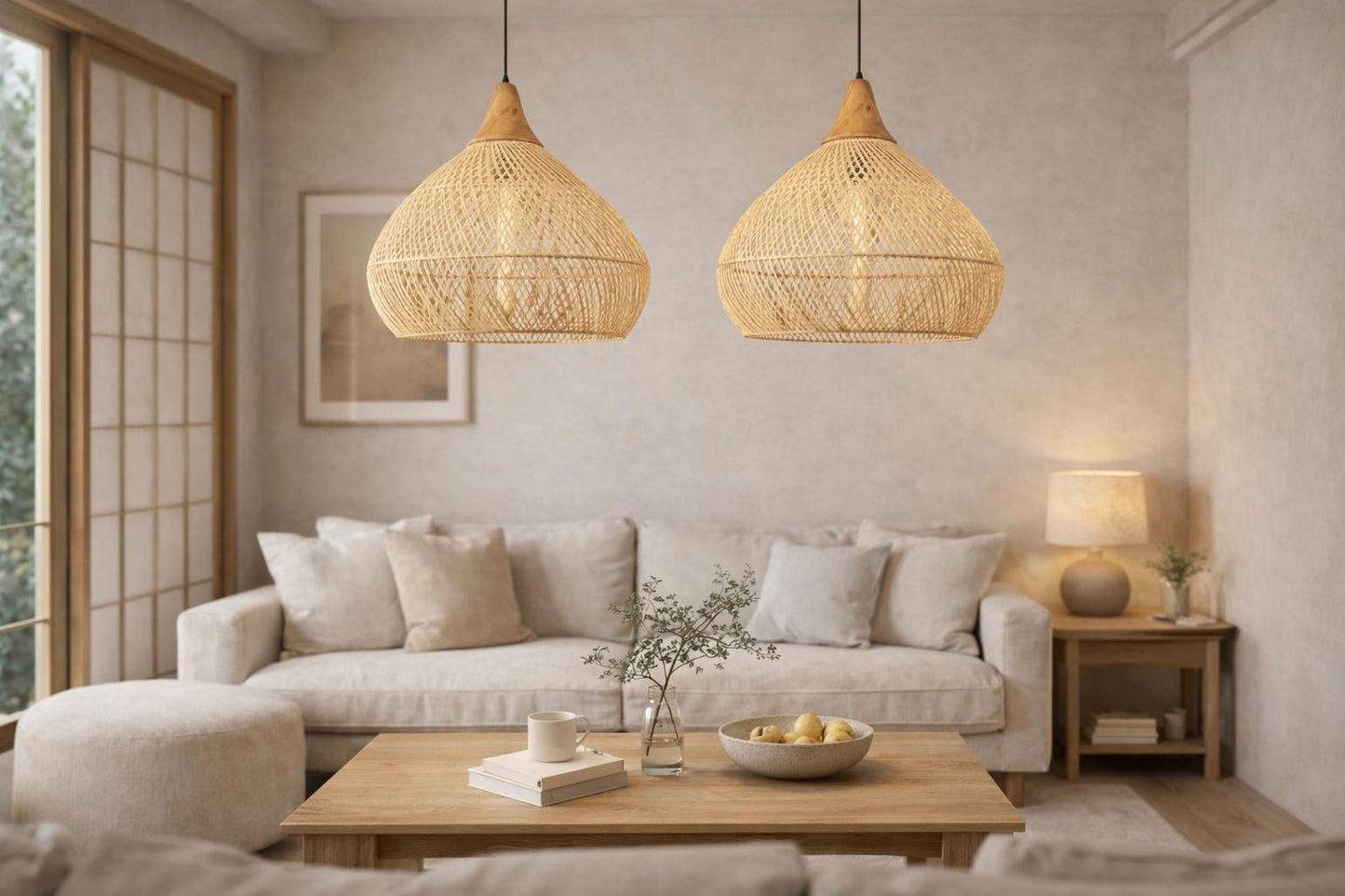 Bamboo pendant light duo salon japandi canapé beige shoji lumière chaleureuse – Atelier Fancy Light