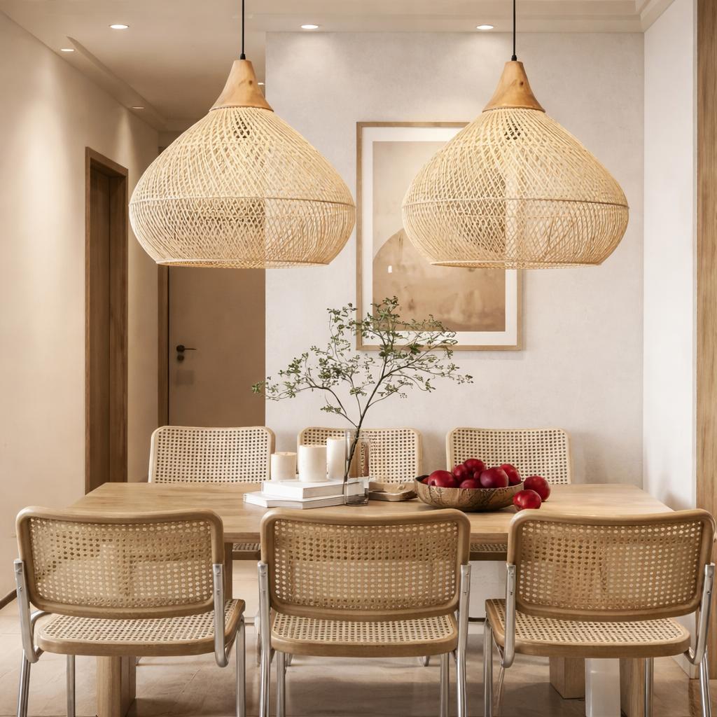 Suspension bambou double salle à manger japandi chaises cannage lumière chaleureuse – Atelier Fancy Light