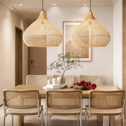 Suspension bambou double salle à manger japandi chaises cannage lumière chaleureuse – Atelier Fancy Light