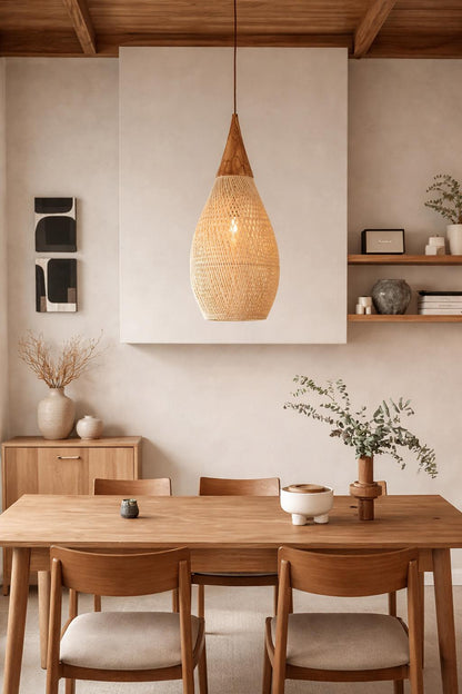 Rattan pendant light handwoven wabi-sabi dining room wood table warm light E27 – Atelier Fancy Light