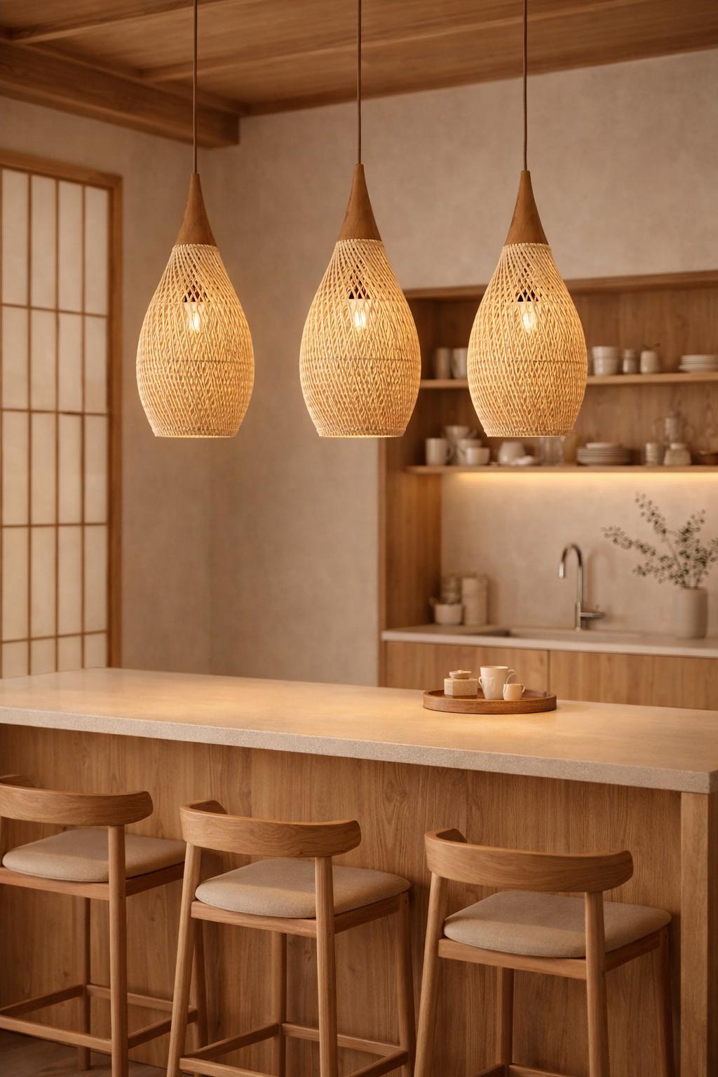 Rattan pendant light trio kitchen bar japandi wabi-sabi wood counter warm light – Atelier Fancy Light