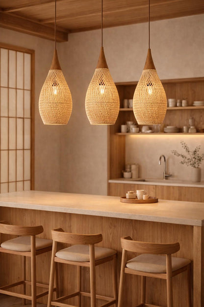Rattan pendant light trio kitchen bar japandi wabi-sabi wood counter warm light – Atelier Fancy Light