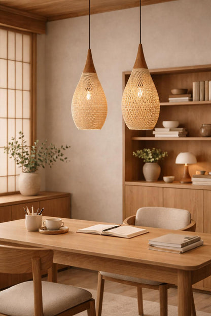 Suspension rotin double home office bureau japandi lumière naturelle douce E27 – Atelier Fancy Light