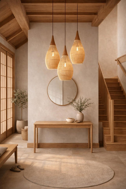 Suspension rotin osier trio entrée hall escalier japandi miroir bois naturel – Atelier Fancy Light