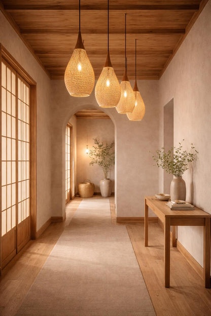 Rattan wicker pendant light corridor japanese hotel japandi shoji natural light – Atelier Fancy Light