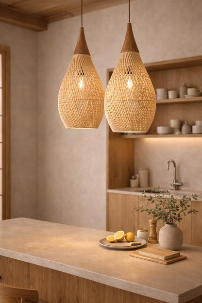 Rattan wicker pendant light duo kitchen island handwoven japandi warm glow E27 – Atelier Fancy Light