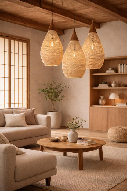 Rattan pendant light trio living room japandi beige sofa warm amber glow E27 – Atelier Fancy Light
