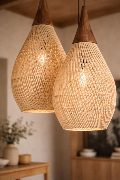 Rattan wicker pendant light handwoven detail natural weave artisan wabi-sabi E27 – Atelier Fancy Light