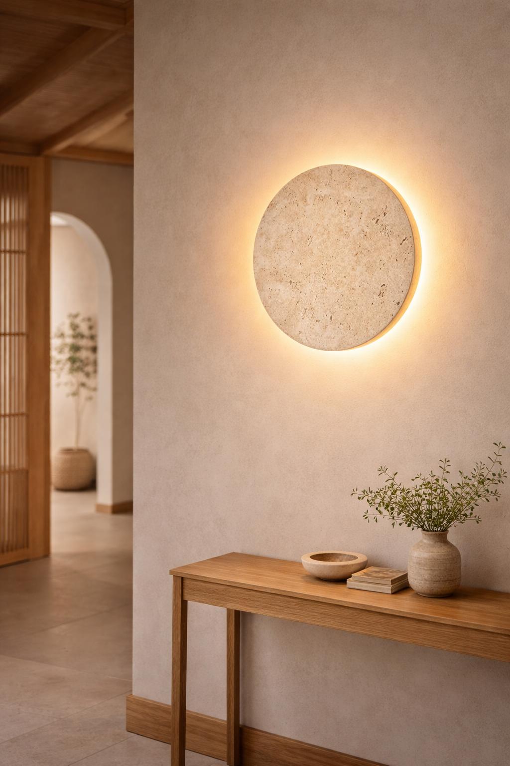 Applique murale travertin Wabi-Sabi disque pierre naturelle entrée halo lumineux – Atelier Fancy Light