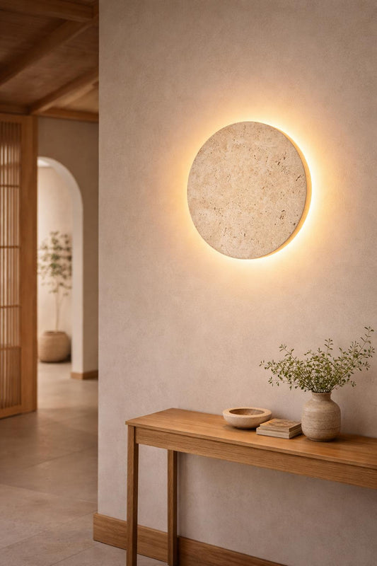 Applique murale travertin Wabi-Sabi disque pierre naturelle entrée halo lumineux – Atelier Fancy Light